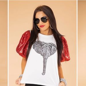 Red Sequin Poof Sleeve Elephant Tee | Queen Of Sparkles NWT